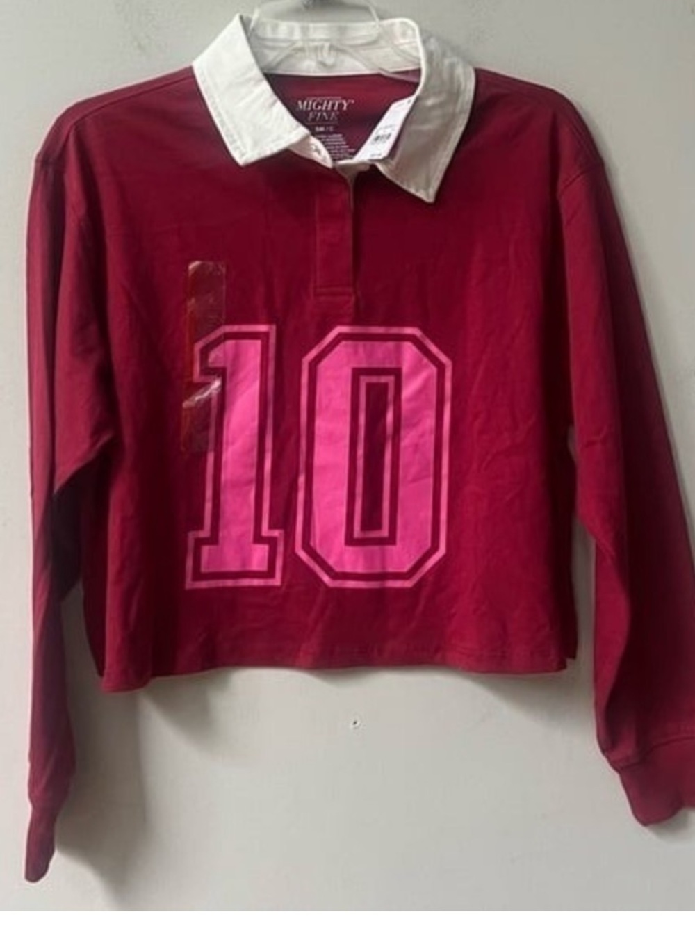 Mighty Fine Rugby Cropped Top Collared Long Sleeve Small Burgundy Pink 10 NWT